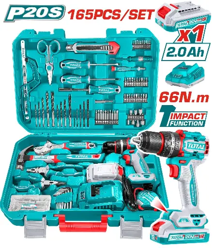 [21245] TALADRO INALAMBRICO 1/2 20V 66NM + BATERIA 20V + KIT DE HERRAMIENTAS 165 PZS TOTAL (UTHKTHP11652)
