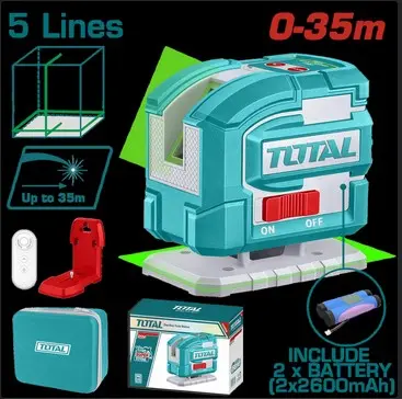 [23148] NIVEL LASER 0-35M LUZ VERDE 3D 5 LINEAS RECARGABLE TIPO USB-C INDUSTRIAL SUPER TOTAL (TLL306502)