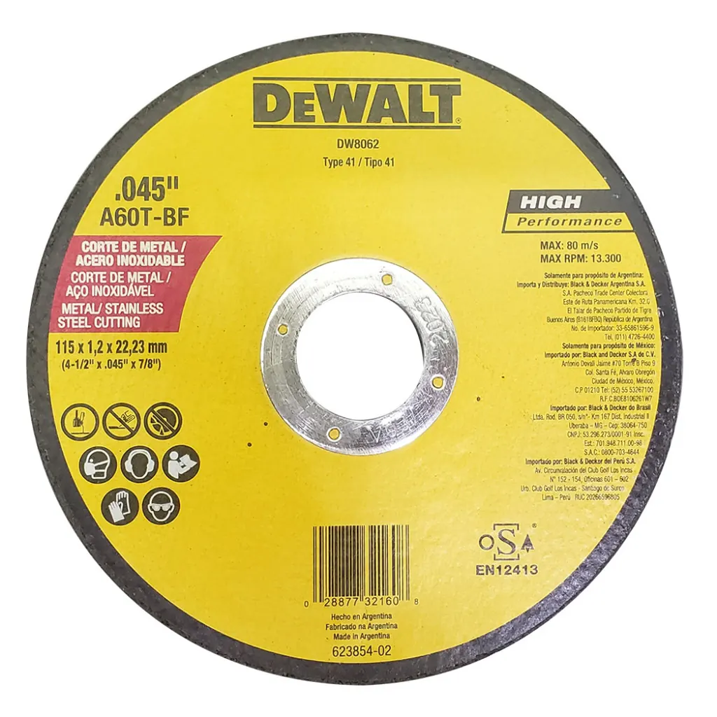 DISCO DEWALT CORTE METAL/ACERO INOX 4/12 PLANO AMARILLO ARGENTINO (DW8062:C)