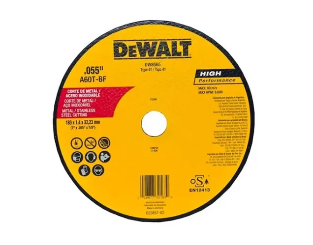 DISCO DEWALT CORTE METAL/ACERO INOX 7 PLANA AMARILLO ALEMAN (7X.055X7/8) (DW8065)