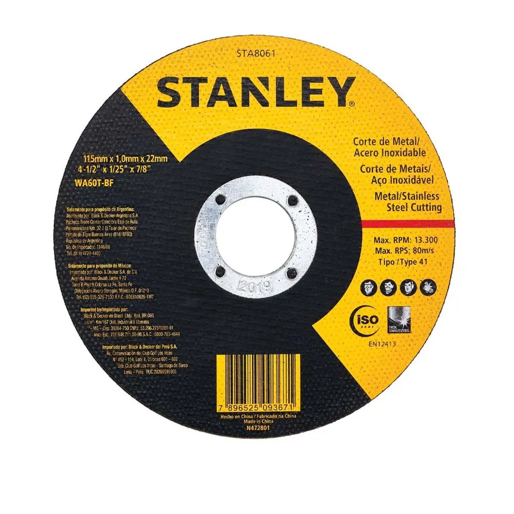 DISCO STANLEY CORTE METAL/ACERO INOX 4 1/2 PLANO AMARILLONEGRO (STA8061)