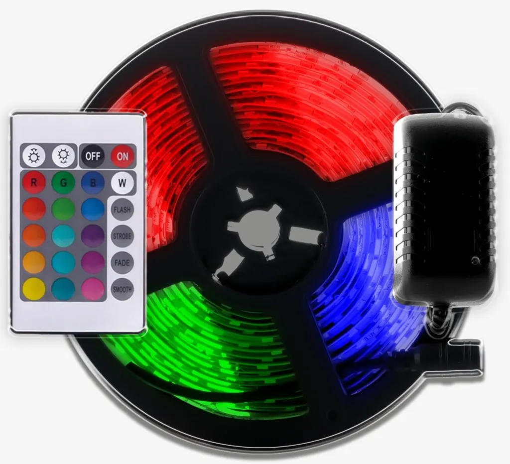 LUCES CINTA LED RGB CON CONTROL 12V FUENTE 1AMP 5MTS 60L/M (SM2D60-5050)