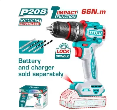 TALADRO ATORNILLADOR INALAMBRICO 1/2 20V 66 NM (SIN BATERIA Y CARGADOR) SE VENDEN POR SEPARADO ,INCLUYE 4 ACCESORIOS INDUSTRIAL SUPER TOTAL (TIDLI206681)