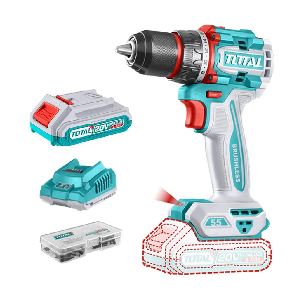 TALADRO ATORNILLADOR INALAMBRICO 1/2 20V 55NM INCLUYE 1 BATERIA DE 2.0AH, CARGADOR,47 ACCESORIOS TOTAL (UTDLI205582)