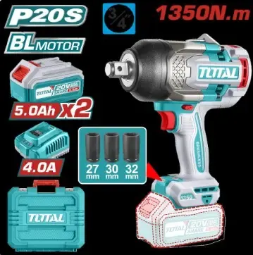 PISTOLA IMPACTO INALAMBRICA 3/4 20V 1350NM INCLUYE 2 (5.0 AH) BATERIAS 1 CARGADOR Y 3 COPAS 27,30,32 MM INDUSTRIAL SUPER TOTAL (UTIWLI20135)