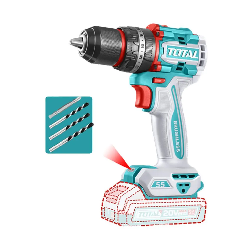 TALADRO INALAMBRICO PERCUTOR 1/2" 20V 55 N.M CARGADOR Y BATERIA NO INCLUIDO SUPER TOTAL (TIDLI205581)