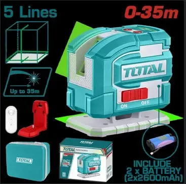 NIVEL LASER 0-35M LUZ VERDE 3D 5 LINEAS RECARGABLE TIPO USB-C INDUSTRIAL SUPER TOTAL (TLL306502)