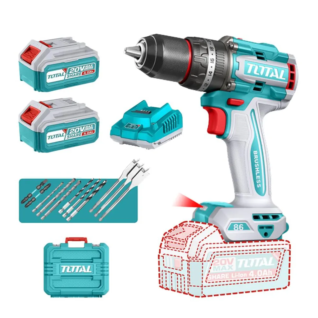 TALADRO INALAMBRICO PERCUTOR 1/2" 86 NM 20V CAJA PLASTICA INCLUYE 2 BATERIA 4.0AH, 1 CARGADOR Y ACCESORIOS INDUSTRIAL SUPER TOTAL (UTIDLI208682)