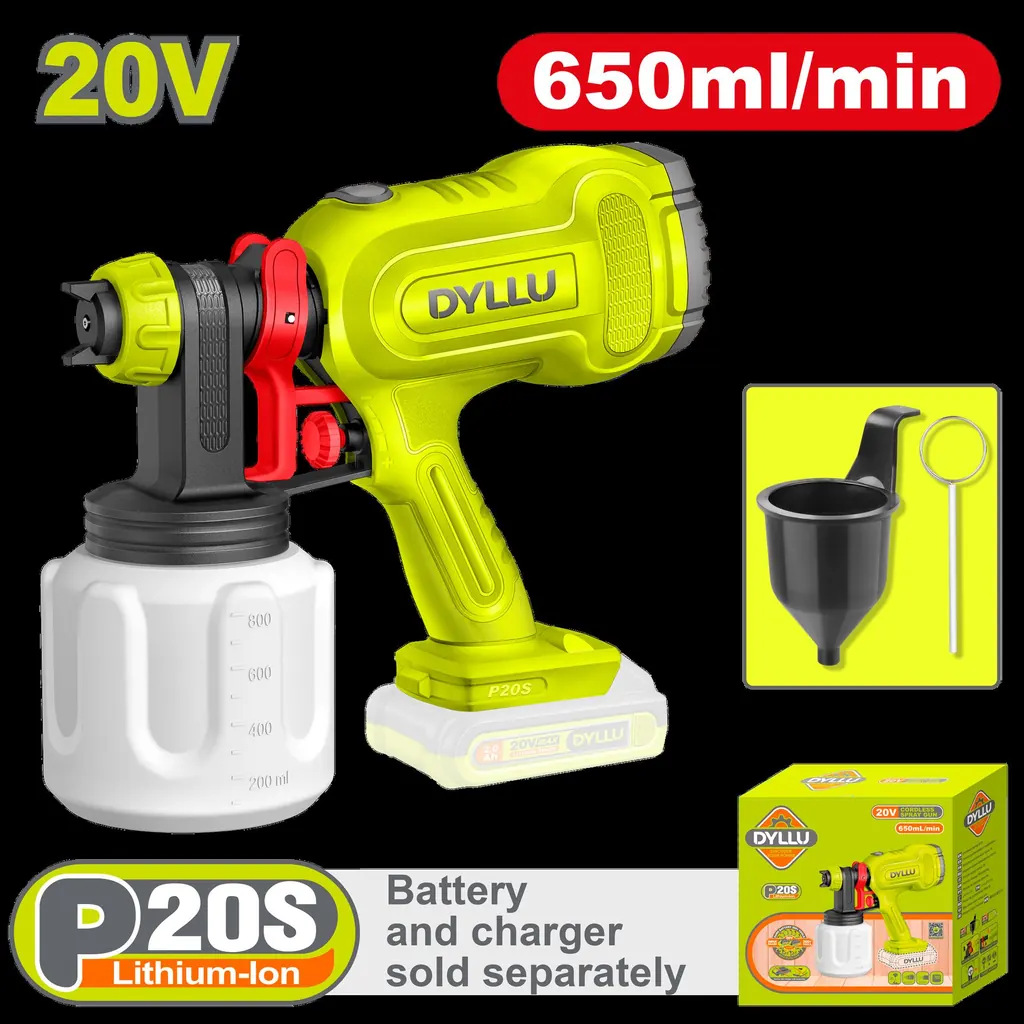 PISTOLA PINTAR INALAMBRICA 650ML 20V INCLUYE AGUJA DE LIMPIEZA Y DOS BOQUILLAS, BATERIA Y CARGADOR NO INCLUIDO DYLLU (DTSU3066)