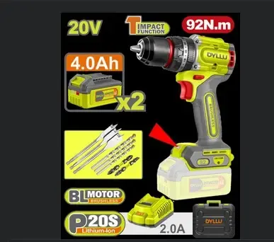 TALADRO INALAMBRICO PERCUTOR 1/2" 92 NM 20V CAJA PLASTICA INCLUYE 2 BATERIAS 20V (4.0AH), 1 CARGADOR Y ACCESORIOS DYLLU (UDTCDP9281)