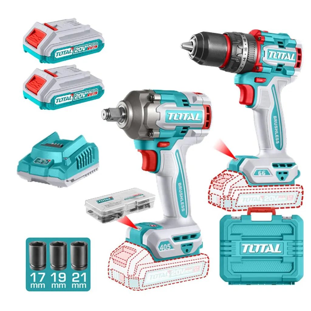 COMBO INALAMBRICO TALADRO 1/2" 66 N.M + PISTOLA IMPACTO 1/2" 20V 405 N.M INCLUYE 2 BATERIAS 2.0AH , 1 CARGADOR Y ACCESORIOS SUPER TOTAL (UTCKLI20286)