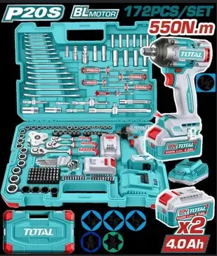 PISTOLA IMPACTO INALAMBRICA 1/2 20V 550 NM INCLUYE 2 BATERIAS 1 CARGADOR + 172 ACCESORIOS INSDUSTRIAL SUPER TOTAL (UTHKTHP41728)