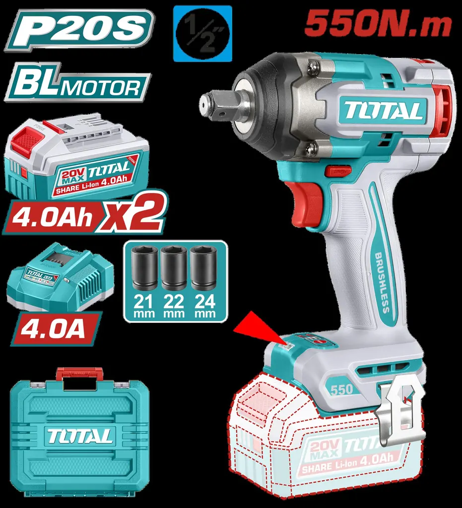 PISTOLA IMPACTO INALAMBRICA 1/2" 20V 550NM CAJA PLASTICA INCLUYE 2 BATERIA 4.0AH , 1 CARGADOR Y ACCESORIOS INDUSTRIAL SUPER TOTAL (UTIWLI2055)