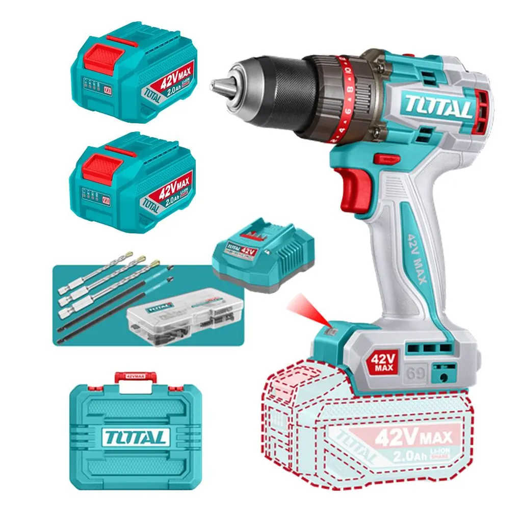 TALADRO DE IMPACTO INALAMBRICO 1/2 42V 69NM INCLUYE 2 BATERIA DE 2.0AH, CARGADOR,47 ACCESORIOS,3 BROCAS CONCRETO y 2 PUNTAS DESTORNILLADOR INDUSTRIAL SUPER TOTAL (UTIDLI426982)