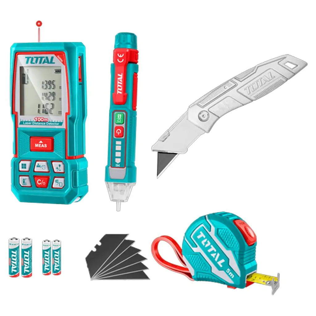 KIT PROBADOR DE CORRIENTE 12V-1000V + MEDIDOR DE DISTANCIAS LASER 100MTS + METRO 5 MTS + BISTURI NAVAJA 19X 61MM INDUSTRIAL INCLUYE 6 HOJAS DE REPUESTO INDUSTRIAL SUPER TOTAL (TOS250701)