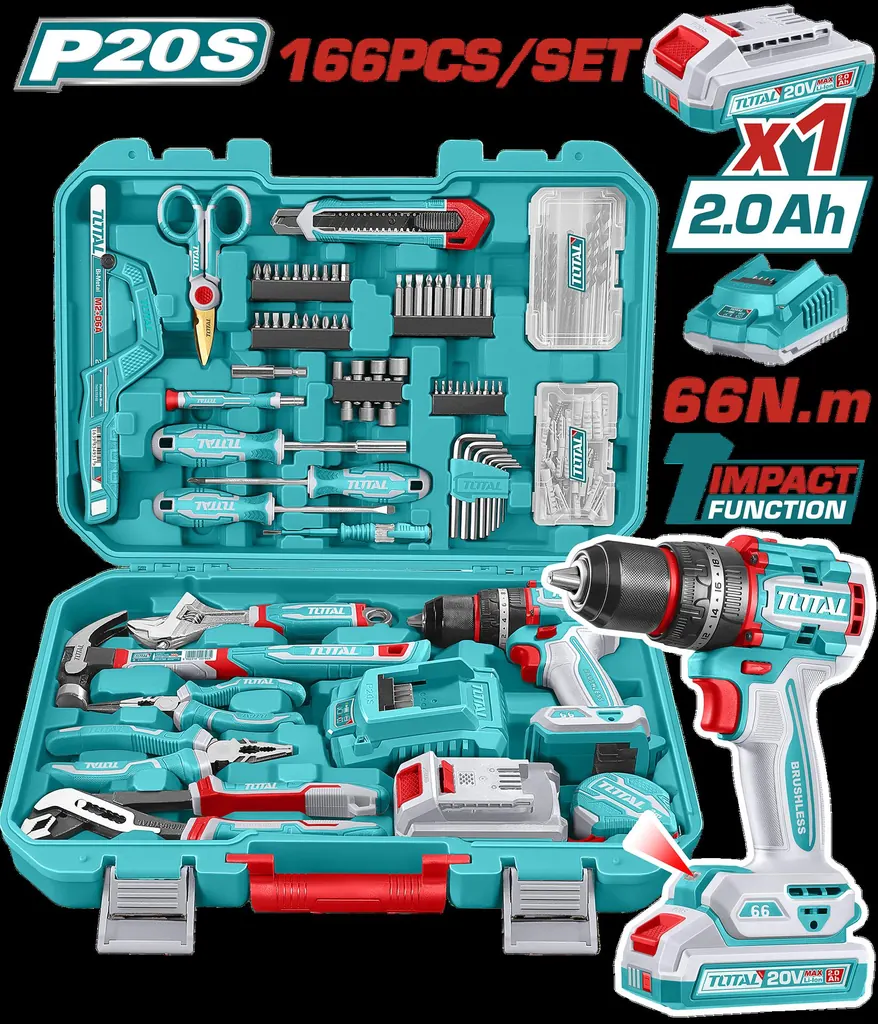 TALADRO PERCUTOR INALAMBRICO 1/2" 20V 66NM + 1 BATERIA 2.0AH + CARGADOR + 163 HERRAMIENTAS INDUSTRIAL SUPER TOTAL (UTHKTHP41667)