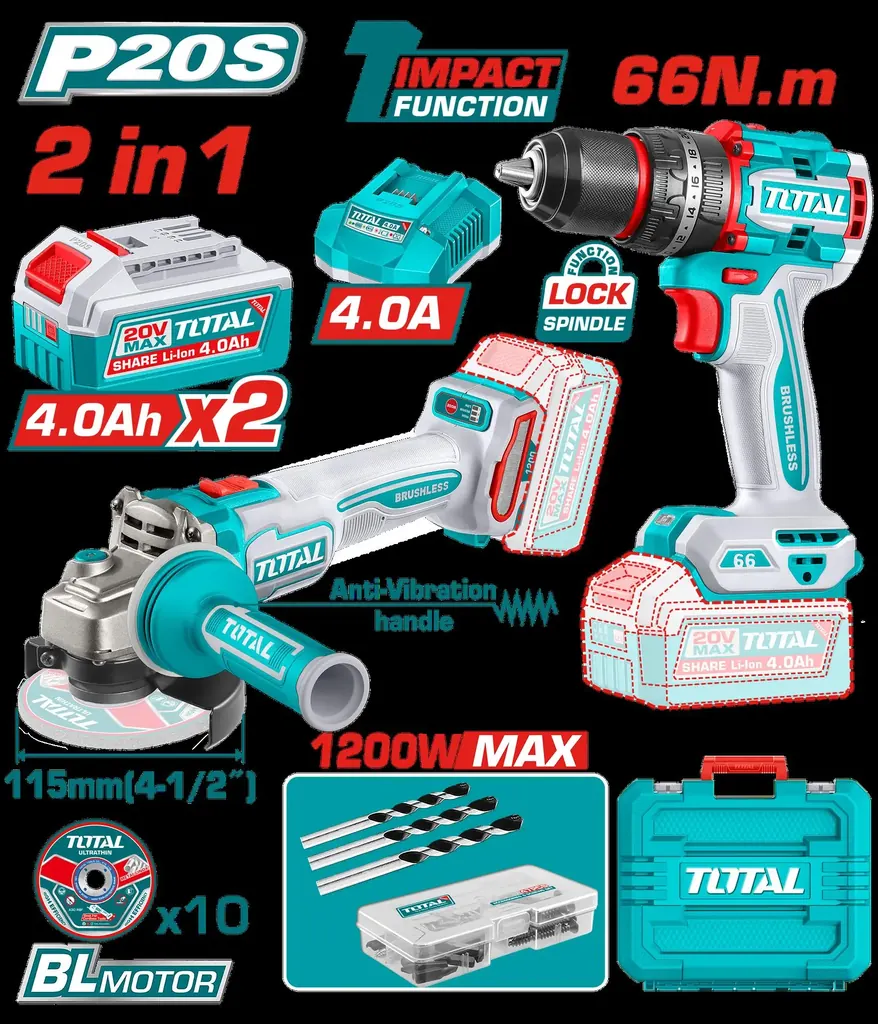 COMBO INALAMBRICO 20V PULIDORA 4 1/2 INDUSTRIAL 1000W + TALADRO PERCUTOR 1/2 66NM + 2 BATERIAS 4.0AH + CARGADOR + ACCESORIOS CAJA PLASTICA INDUSTRIAL SUPER TOTAL (UTCKLI20256)