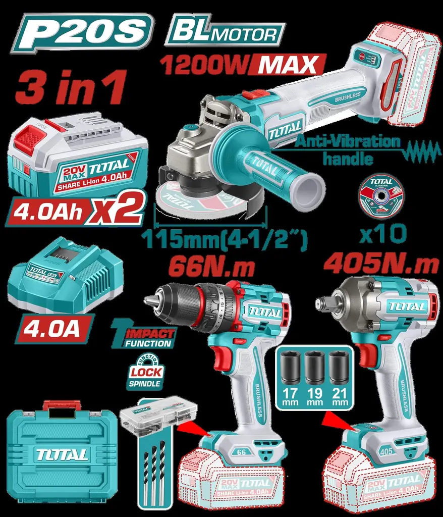 COMBO INALAMBRICO 20V PISTOLA IMPACTO INALAMBRICA 1/2" 405NM + TALADRO DE IMPACTO 1/2" 66NM + PULIDORA 4 1/2" 1200W + 2 BATERIAS 4.0AH + CARGADOR INCLUYE ACCESORIOS INDUSTRIAL SUPER TOTAL (UTCKLI20358)