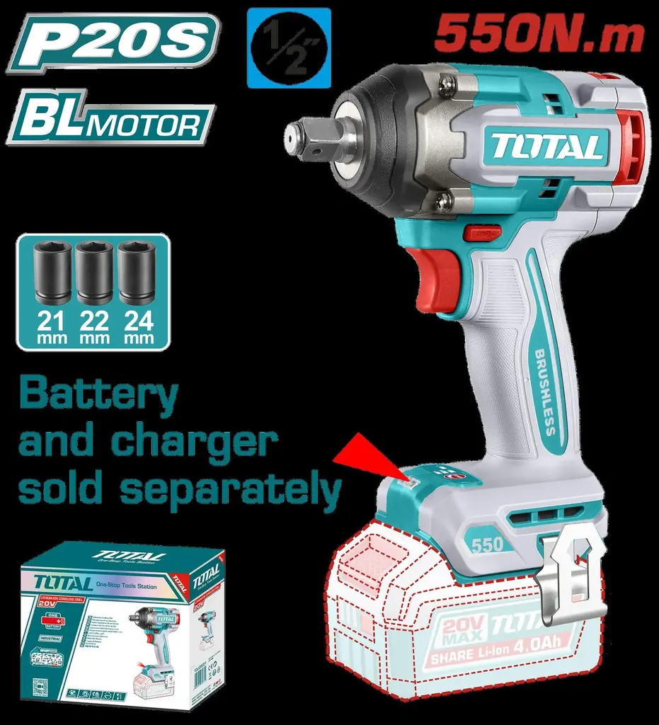 PISTOLA IMPACTO INALAMBRICA 1/2" 20V 550 NM INCLUYE 3 COPAS 21,22,24 MM, CARGADOR Y BATERIA SE VENDEN POR SEPARADO INDUSTRIAL SUPER TOTAL (TIWLI20551)