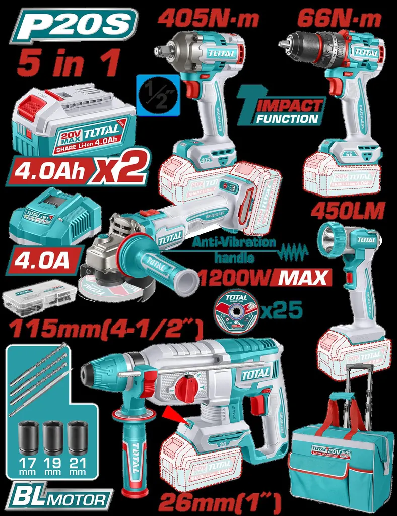 COMBO INALAMBRICO 20V TALADRO ROTOMARTILLO+PISTOLA IMPACTO+ TALADRO DE IMPACTO+PULIDORA +LINTERNA+BATERIASTOTAL (UTCKLI20595)