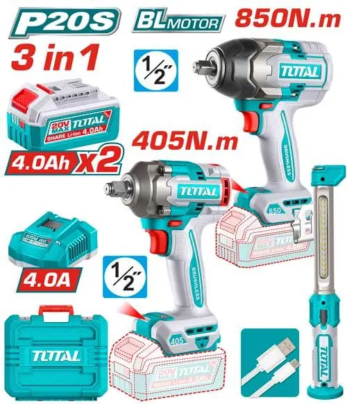 COMBO INALAMBRICO 20V PISTOLA IMPACTO INALAMBRICO 1/2 850NM + PISTOLA IMPACTO INALAMBRICA 1/2 405 NM + LAMPARA DE TRABAJO 300 LUMENES RECARGABLE +2 BATERIA 4.0 AH Y CARGADOR INDUSTRIAL SUPER TOTAL (UTOSLI260285)