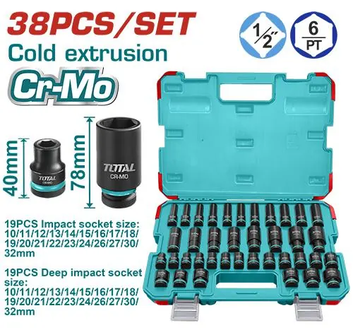 COPAS DE IMPACTO 1/2 INDUSTRIAL LARGO 40 MM-78MM JUEGO X 38 PZS 10 - 32 MM SUPER TOTAL (THKISD12388L)