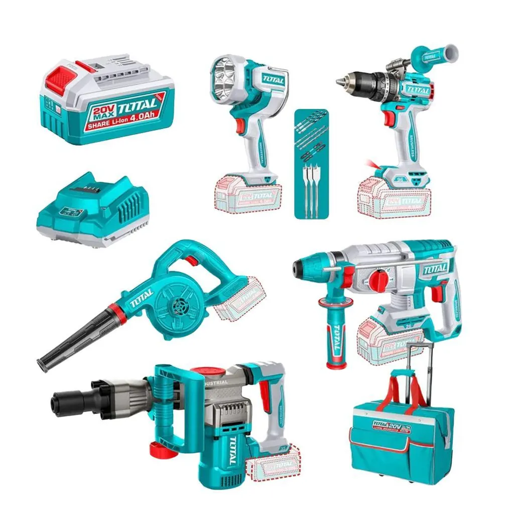 COMBO INALAMBRICO 20V TALADRO ROTOMARTILLO 1" 20V SDS PLUS 2,5 JULES + DEMOLEDOR SDS HEX 35MM 16JULES + SOPLADORA + TALADRO DE IMPACTO 1/2" 96NM + LAMPARA DE TRABAJO 2000 LUMENES + 2 BATERIAS 4.0AH + CARGADOR INCLUYE ACCESORIOS (UTOSLI251083)