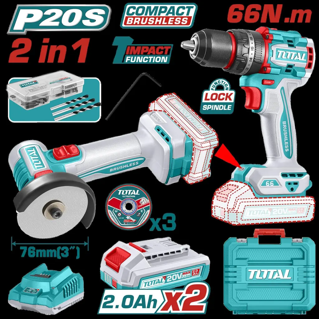 COMBO INALAMBRICO 20V X 2 PZS TALADRO PERCUTOR 1/2" 66 N.M + MINI PULIDORA 3" INCLUYE 2 BATERIAS 2.0 AH + CARGADOR + 3 DISCOS Y 47 ACCESORIOS INDUSTRIAL SUPER TOTAL (UTCKLI20255)