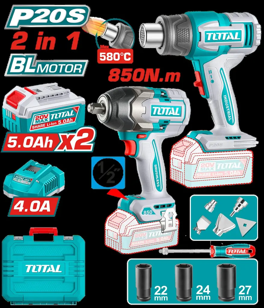 COMBO INALAMBRICO 20V PISTOLA IMPACTO INALAMBRICA 1/2" 850NM + PISTOLA CALOR TEMPERATURA AJUSTABLE 30-580°C + 2 BATERIAS 5.0AH + CARGADOR 4.0AH + ACCESORIOS INDUSTRIAL TOTAL (UTOSLI260381)