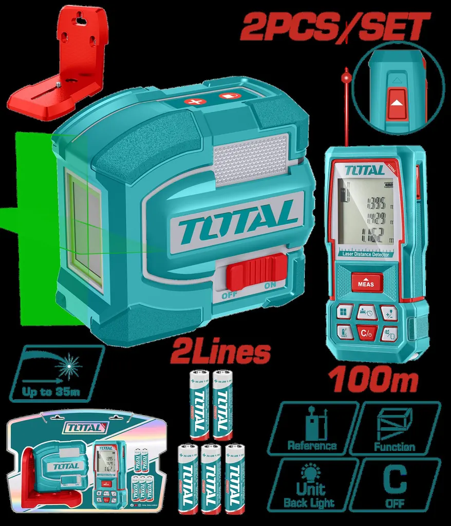 KIT NIVEL LASER 0-35M LUZ VERDE 2 LINEAS + MEDIDOR DE DISTANCIA 100M INDUSTRIAL SUPER TOTAL (TOSLL0502)