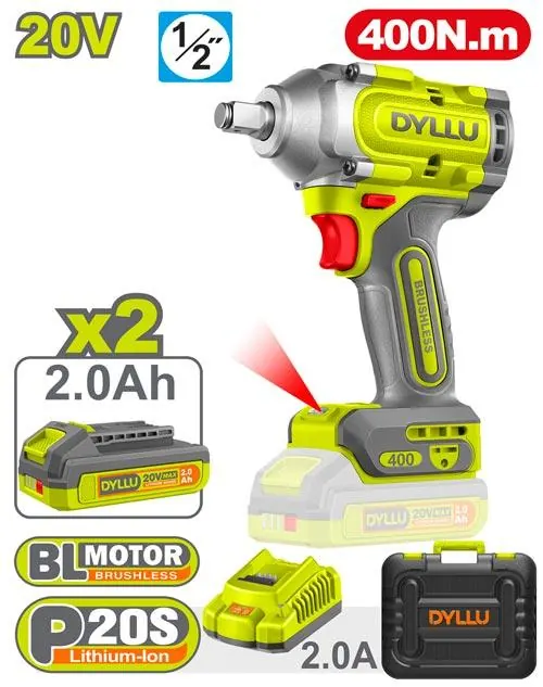 PISTOLA IMPACTO INALAMBRICA 1/2" 20V 400NM INCLUYE 2 BATERIAS 2.0AH 1 CARGADOR DYLLU (UDTCD1B40)