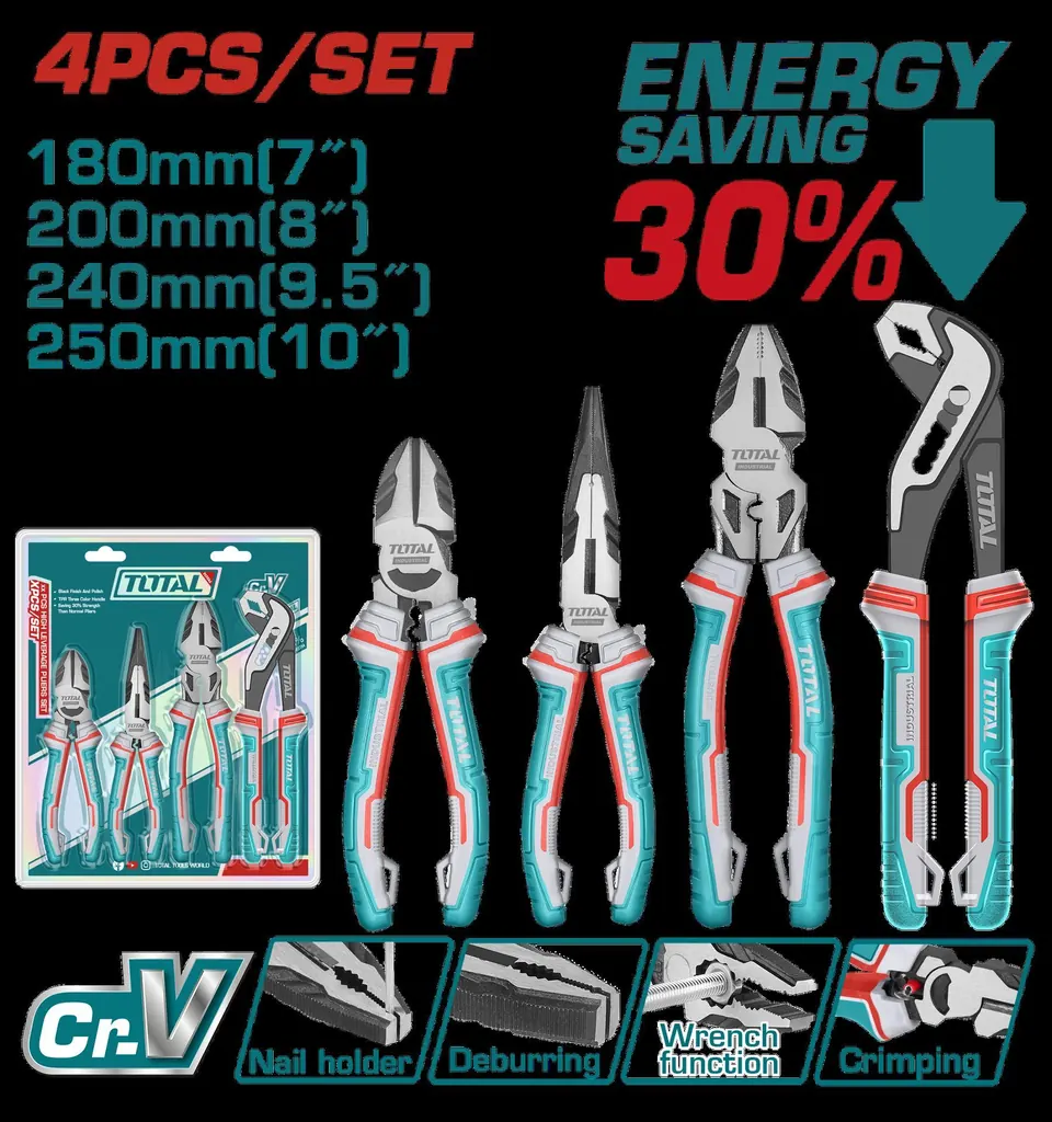 JUEGO DE ALICATE X 4 PIEZAS CROMO VANADIUM INDUSTRIAL SUPER TOTAL (THT2K0498)
