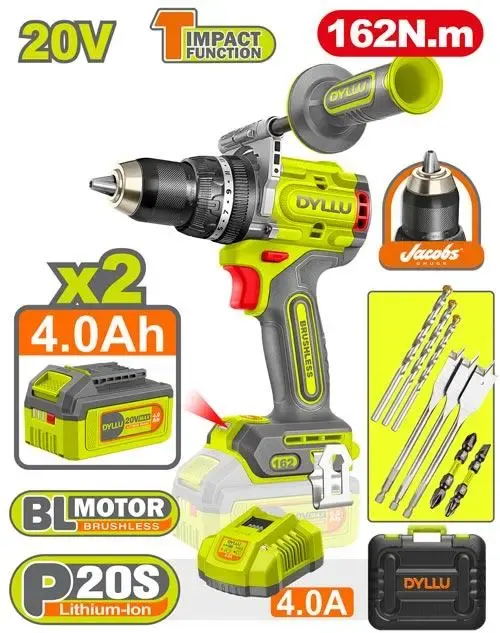 TALADRO INALAMBRICO PERCUTOR 1/2" 162 NM 20V CAJA PLASTICA INCLUYE 2 BATERIAS 20V (4.0AH), 1 CARGADOR Y ACCESORIOS DYLLU (UDTCDP16281)
