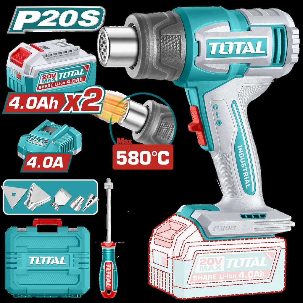 PISTOLA CALOR INALAMBRICA 20V CON TEMPERATURA AJUSTABLE 30-580°C INCLUYE 4 BOQUILLAS 1 RASCADOR + 2 BATERIA 4.0AH Y CARGADOR INDUSTRIAL SUPER TOTAL (UTBLI20085)