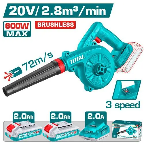 SOPLADORA INALAMBRICA 20V 600W CAPACIDAD DE SOPLADO: 0-2.8M3/MIN 3 VELOCIDADES INCLUYE 2 BATERIAS 2.0AH Y 1 CARGADOR INDUSTRIAL SUPER TOTAL (UTABLI20682)