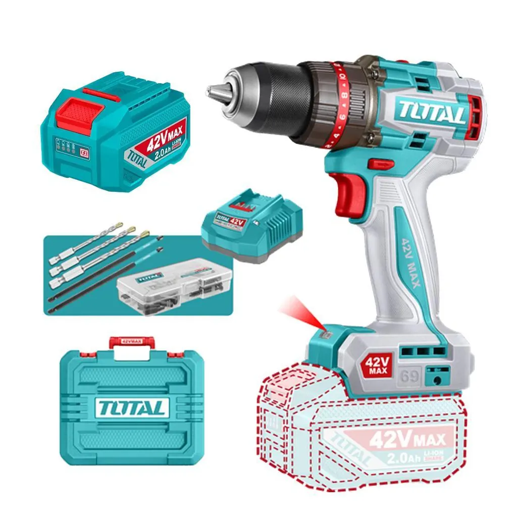 TALADRO INALAMBRICO PERCUTOR 1/2" 69NM 42V CAJA PLASTICA INCLUYE 1 BATERIA 42V, 1 CARGADOR Y ACCESORIOS INDUSTRIAL SUPER TOTAL (UTIDLI426981)