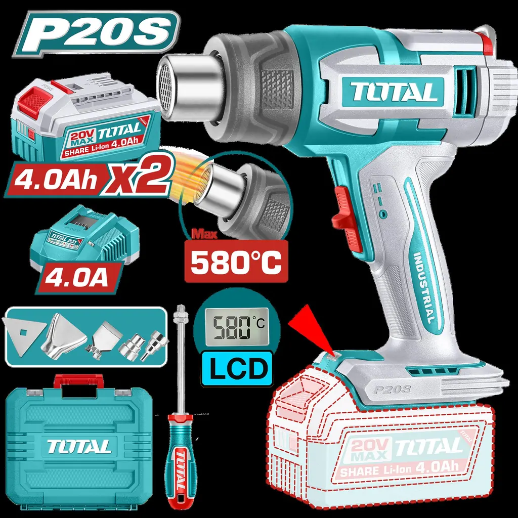 PISTOLA CALOR INALAMBRICA 20V CON TEMPERATURA AJUSTABLE 30-580°C PANTALLA LCD INCLUYE 4 BOQUILLAS 1 RASCADOR + 2 BATERIA 4.0AH Y CARGADOR INDUSTRIAL SUPER TOTAL (UTBLI20582)