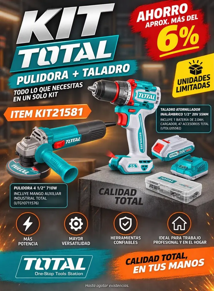 KIT TOTAL PULIDORA 4 1/2 710W AUXILIAR INDUSTRIAL TOTAL (UTG10711576) + TALADRO ATORNILLADOR INALAMBRICO 1/2 20V 55 NM INCLUYE 1 BATERIA DE 2.0AH, CARGADOR,47 ACCESORIOS TOTAL (UTDLI205582)