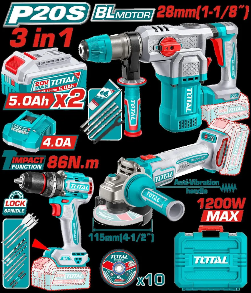 COMBO INALAMBRICO 20V TALADRO PERCUTOR 1/2" 86NM + PULIDORA 4-1/2" 1200W + TALADRO ROTOMARTILLO SDS PLUS 1-1/8" 4.5 JULES + 2 BATERIAS 5.0AH + CARGADOR 4.0AH INCLUYE ACCESORIOS INDUSTRIAL SUPER TOTAL (UTOSLI251195)