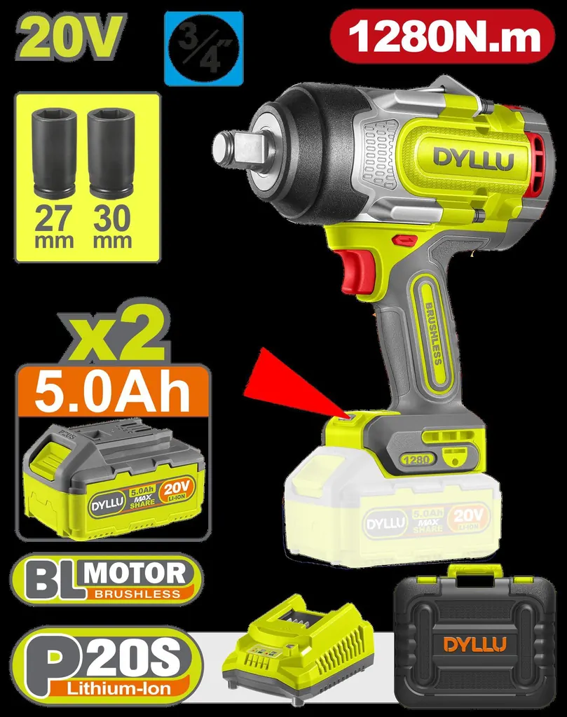 PISTOLA IMPACTO INALAMBRICA 3/4 20V 1280 NM INCLUYE 2 BATERIAS 20V (5.0AH) 1 CARGADOR Y 2 COPAS 27,30 MM DYLLU (UDTCD1B128)