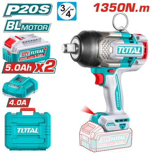 PISTOLA IMPACTO INALAMBRICA 3/4" 20V 1350NM INCLUYE 2 BATERIAS 5.0AH 1 CARGADOR INDUSTRIAL SUPER TOTAL (UTIWLI201356)