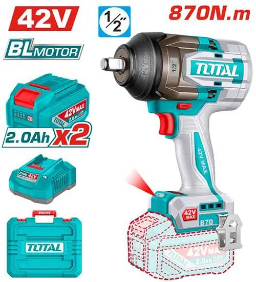 PISTOLA IMPACTO INALAMBRICA 1/2" 42V 870NM CAJA PLASTICA INCLUYE 2 BATERIA 2.0AH , 1 CARGADOR INDUSTRIAL SUPER TOTAL (UTIWLI42862)