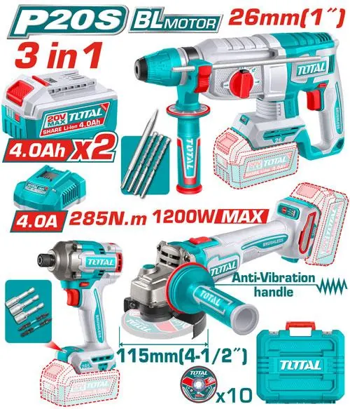 COMBO INALAMBRICO 20V ATORNILLADOR DE IMPACTO 1/4" 285NM + PULIDORA 4-1/2" 1200W + TALADRO ROTOMARTILLO SDS PLUS 1" 2.5 JULES + 2 BATERIAS 4.0AH + CARGADOR 4.0AH INCLUYE ACCESORIOS INDUSTRIAL SUPER TOTAL (UTOSLI260191)
