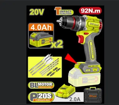 TALADRO INALAMBRICO PERCUTOR 1/2" 92 NM 20V CAJA PLASTICA INCLUYE 2 BATERIAS 20V (4.0AH), 1 CARGADOR Y ACCESORIOS DYLLU (UDTCDP9281)