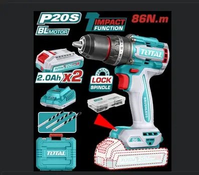 [23190] TALADRO INALAMBRICO PERCUTOR 1/2" 86NM 20V CAJA PLASTICA INCLUYE 2 BATERIA 2.0AH, 1 CARGADOR Y ACCESORIOS INDUSTRIAL SUPER TOTAL (UTIDLI208687)